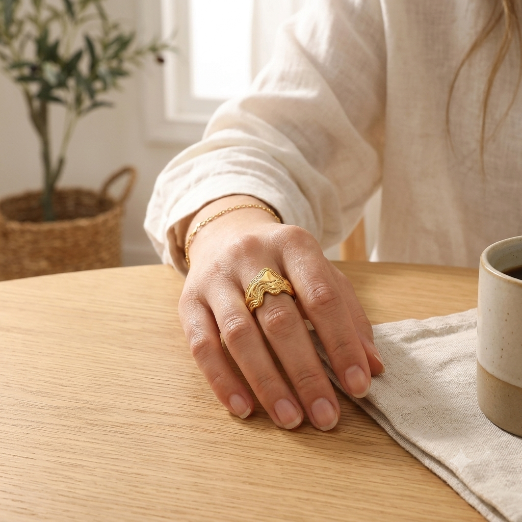 Nura Wave Ring – Styling-Flatlay, Alltagsschmuck